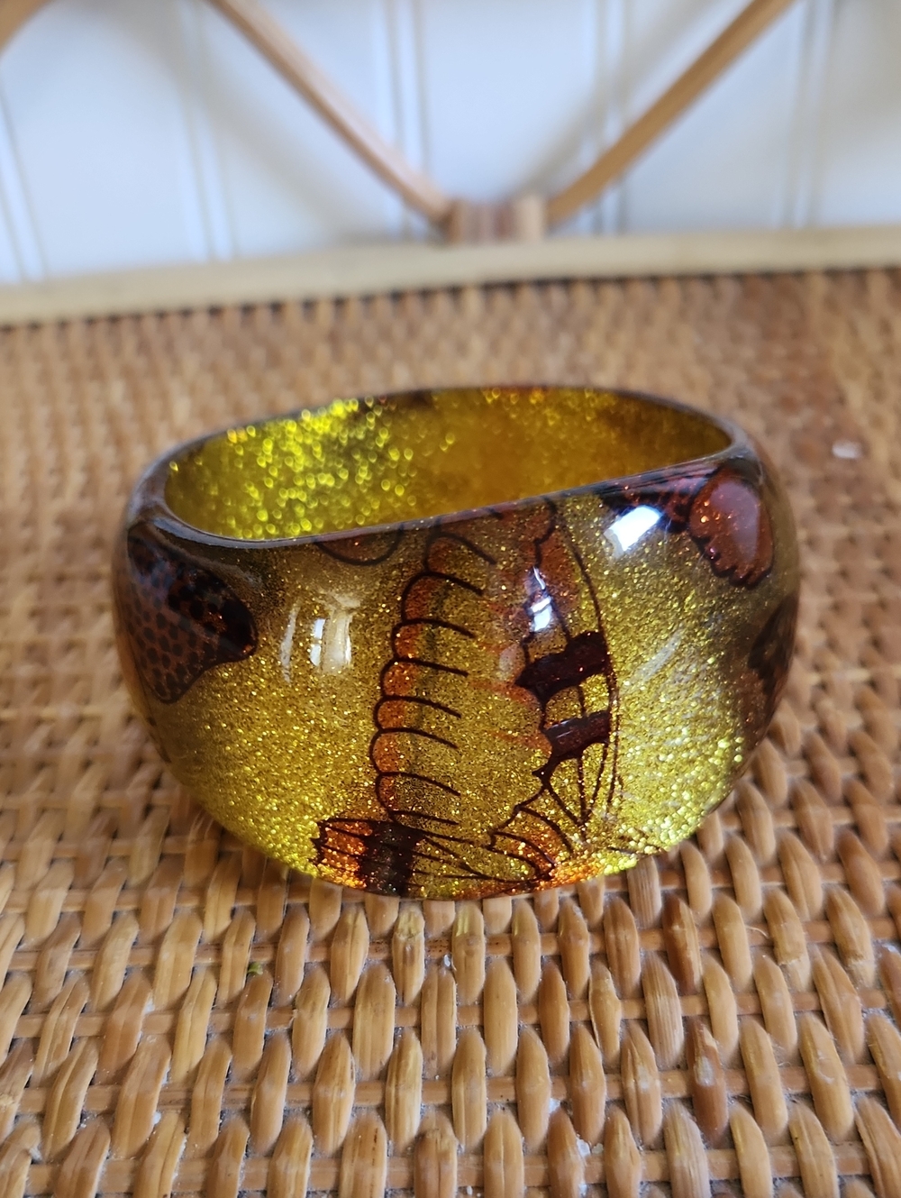 80s Lucite Gold Glitter Butterfly Bangle